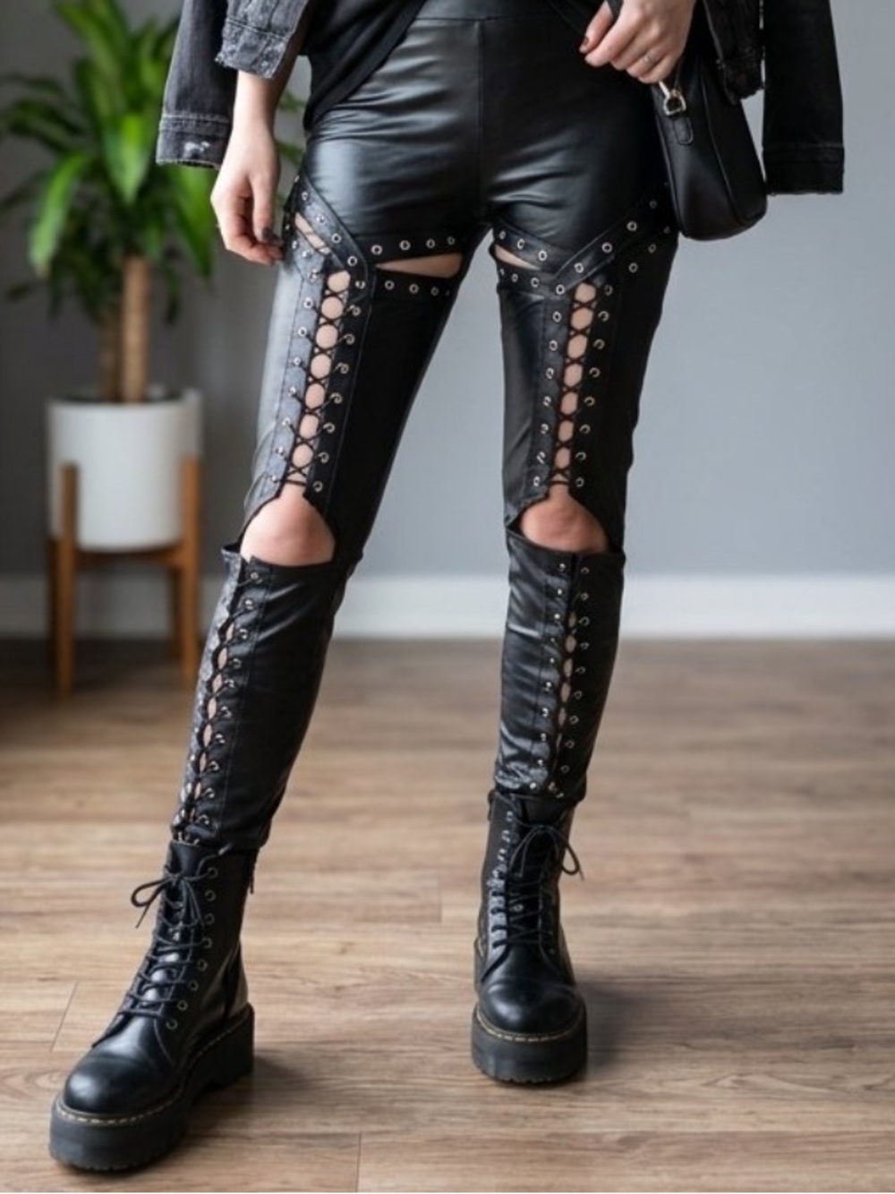 Darice Black Lace-Up Faux Leather Skinny Pants